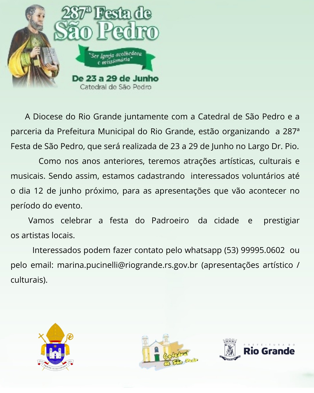 Festa de São Pedro cadastra interessados em se apresentar no evento